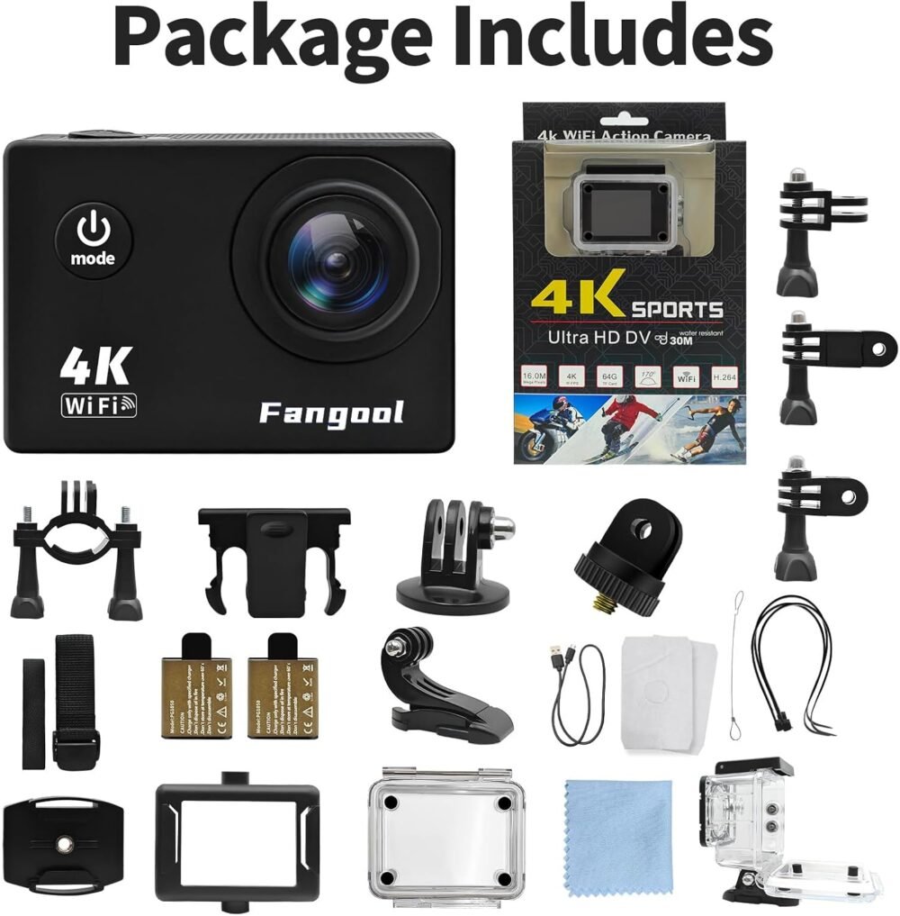 Fangool Action Camera 4K 30FPS, Waterproof Camera 30M Ultra HD 131FT Underwater WiFi Cam 170°Wide Angle Shooting, with 2 x 1050 mAh Batteries for Skiing, Skating, Surfing, Cycling, Fishing - Image 8