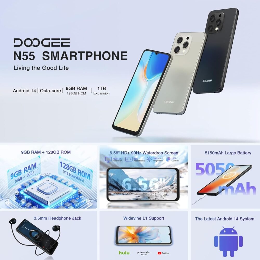 DOOGEE N55 Unlocked Cell Phone(2025), 9GB RAM+128GB ROM/1TB Android Phone, 90Hz+6.56" HD Android 14 Phone, 5150mAh, Octa Core, 13MP+8MP, 4G Dual SIM,Face Unlock,Widevine L1,OTG, T-Mobile(Black) - Image 9