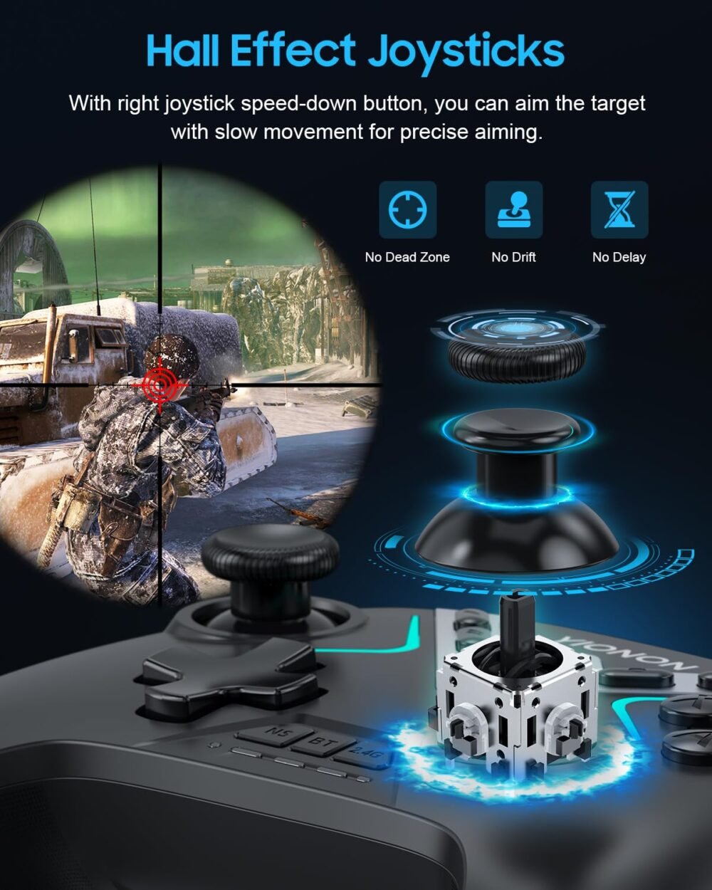 Dual Hall Effect PC Controller-Enhanced Wireless Bluetooth Controller with Hall Joysticks & Triggers & Joystick Speed Down for PC Windows/iPhone/Android/Switch/Steam/TV (With USB Dongle & Phone Clip) - Image 3