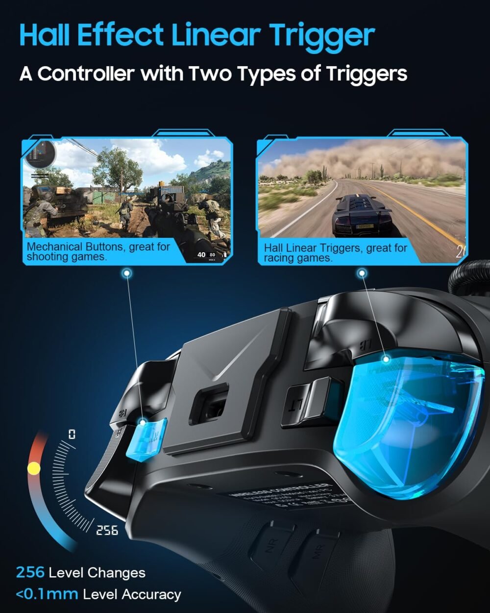 Dual Hall Effect PC Controller-Enhanced Wireless Bluetooth Controller with Hall Joysticks & Triggers & Joystick Speed Down for PC Windows/iPhone/Android/Switch/Steam/TV (With USB Dongle & Phone Clip) - Image 4