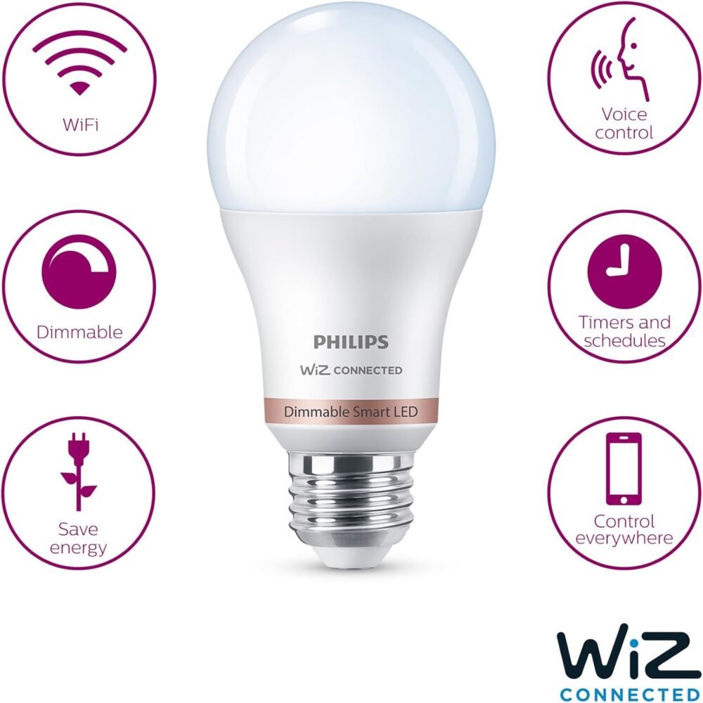 Philips 60-Watt Equivalent A19 LED Daylight (5000K) Smart Wi-Fi Light Bulb Powered by WiZ with Bluetooth (4-Pack) - Image 4
