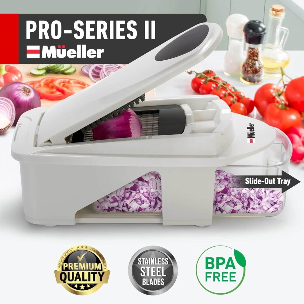Mueller Pro-Series All-in-One, 12 Blade Mandoline Slicer for Kitchen, Food Chopper, Vegetable Slicer and Spiralizer, Cutter, Dicer, Grater, Kitchen Gadgets Sets with Container, White Sand/Gray - Image 3
