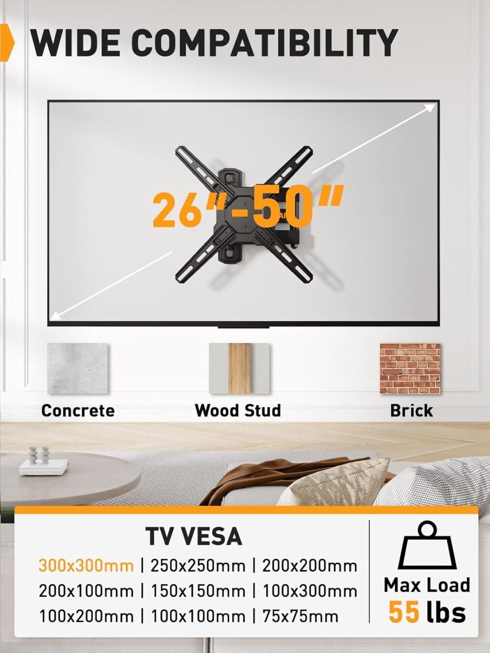 Perlegear Full Motion TV Wall Mount for Most 26–50 Inch TVs, Max VESA 300 x 300mm, TV Monitor Wall Mount Bracket with Rotation, Swivel, Tilt, Extension and Leveling Adjustment, Holds up to 55 lbs - Image 3