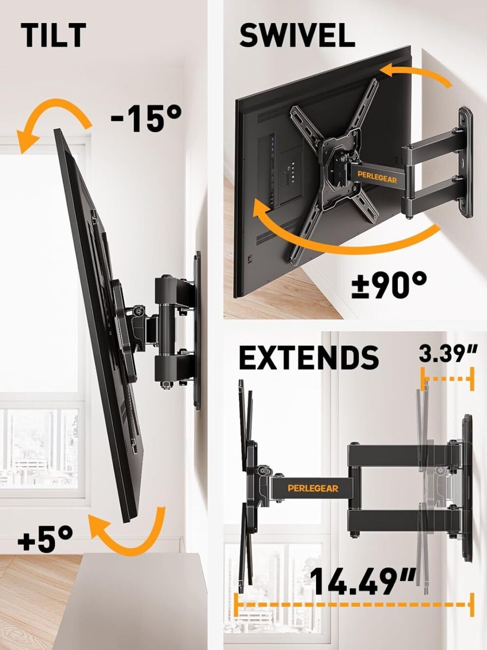 Perlegear Full Motion TV Wall Mount for Most 26–50 Inch TVs, Max VESA 300 x 300mm, TV Monitor Wall Mount Bracket with Rotation, Swivel, Tilt, Extension and Leveling Adjustment, Holds up to 55 lbs - Image 6