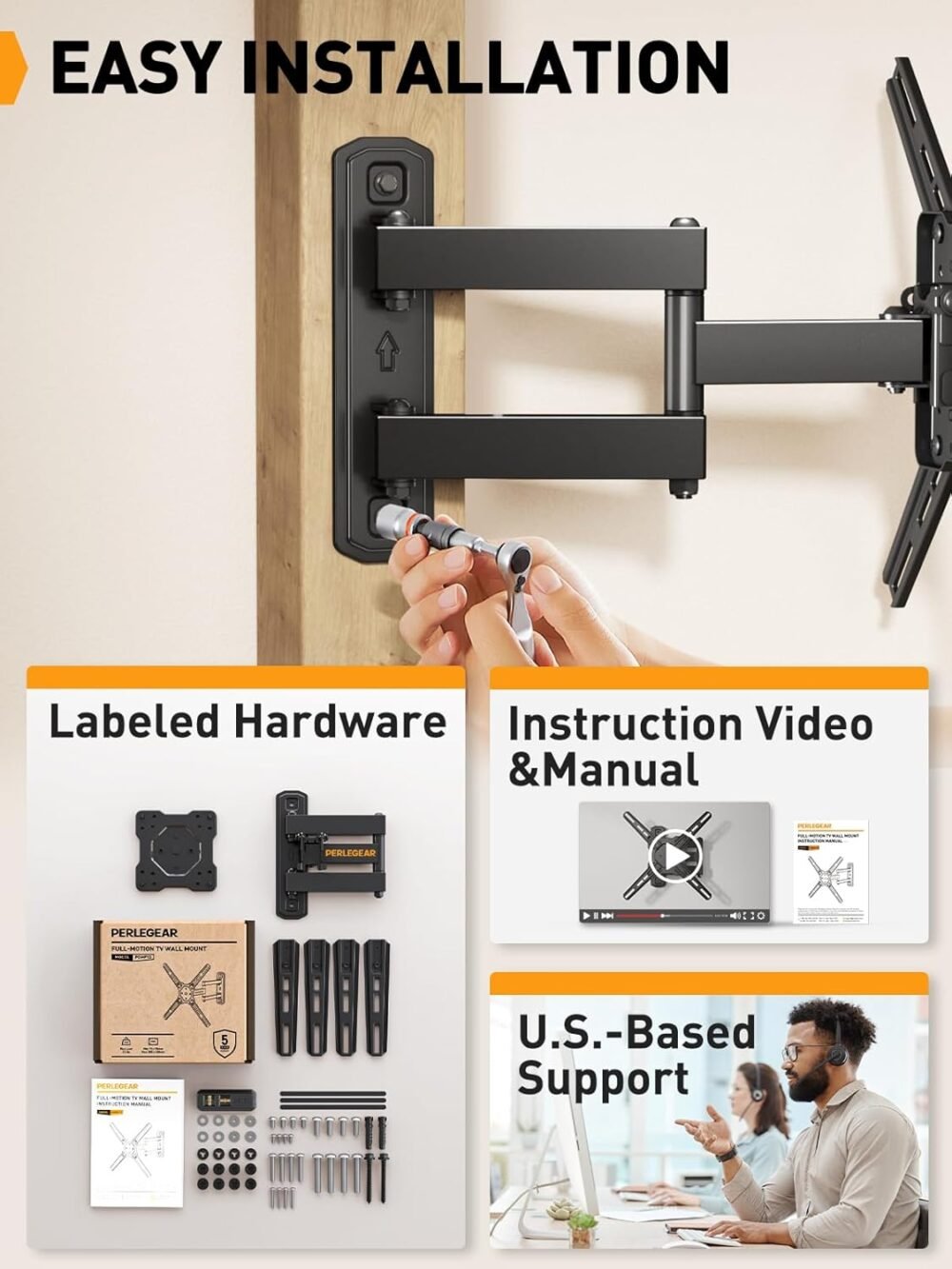 Perlegear Full Motion TV Wall Mount for Most 26–50 Inch TVs, Max VESA 300 x 300mm, TV Monitor Wall Mount Bracket with Rotation, Swivel, Tilt, Extension and Leveling Adjustment, Holds up to 55 lbs - Image 8