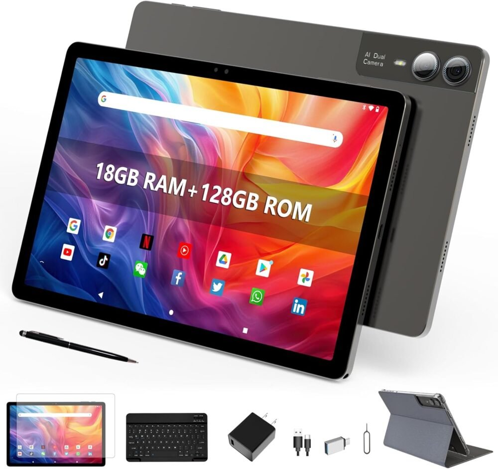 11 inch Tablet Android 14 2000*1200 2K Display Tablets PC, T616 Octa-Core 2.0GHz, 18GB RAM 128GB ROM 1TB Expandable, 5+5+13MP AI Camera, 9000mAh, 5G WiFi, with Keyboard, Case, 4 Speakers - Gray - Image 3