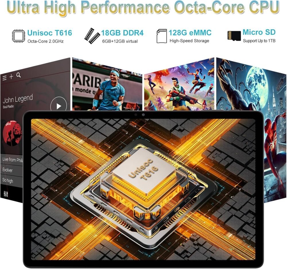 11 inch Tablet Android 14 2000*1200 2K Display Tablets PC, T616 Octa-Core 2.0GHz, 18GB RAM 128GB ROM 1TB Expandable, 5+5+13MP AI Camera, 9000mAh, 5G WiFi, with Keyboard, Case, 4 Speakers - Gray - Image 5