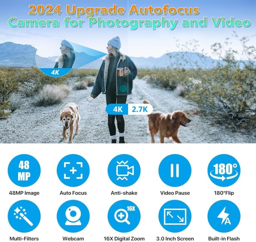 Upgrade 4K Digital Camera for Photography and Video, 16X 48MP Auto-Focus Vlogging Camera for YouTube with SD Card Anti-Shake Compact Camera for Travel with 3" 180° IPS Flip Scree (2 Batteries) - Image 3