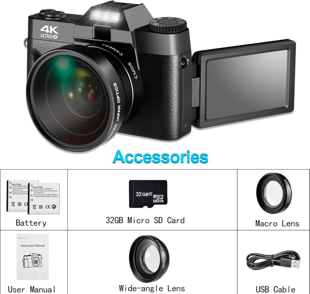 Upgrade 4K Digital Camera for Photography and Video, 16X 48MP Auto-Focus Vlogging Camera for YouTube with SD Card Anti-Shake Compact Camera for Travel with 3" 180° IPS Flip Scree (2 Batteries) - Image 7