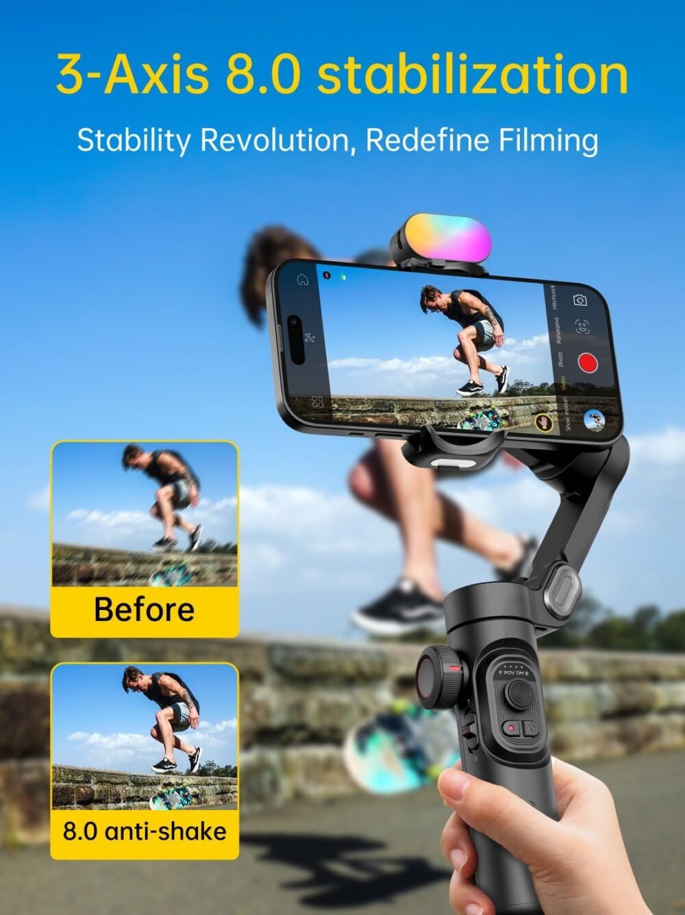 3-Axis Gimbal Stabilizer for Smartphone with RGB Magnetic Fill Light Upgraded Face Tracking Focus Wheel Foldable iPhone Gimbal for iPhone/Android Phone Stabilizer Vlog Recording Smart XE Kit - Image 4