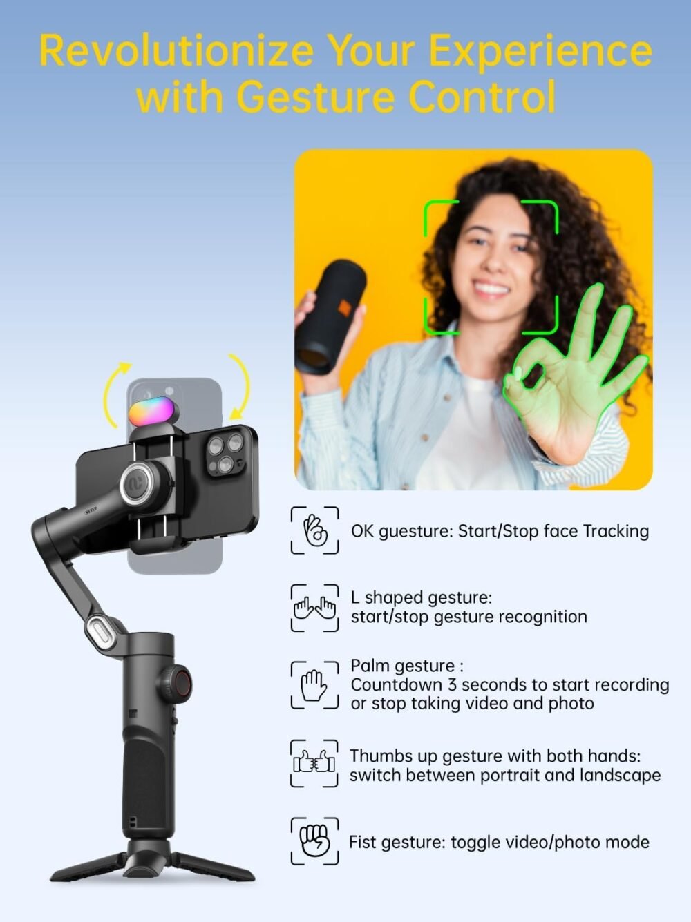 3-Axis Gimbal Stabilizer for Smartphone with RGB Magnetic Fill Light Upgraded Face Tracking Focus Wheel Foldable iPhone Gimbal for iPhone/Android Phone Stabilizer Vlog Recording Smart XE Kit - Image 6