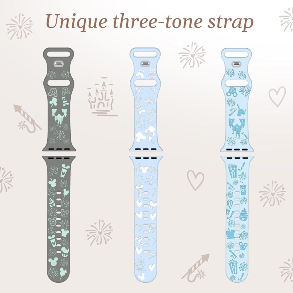3 Pack Cartoon Engraved Bands for Apple Watch Band 38mm 40mm 41mm 42mm 44mm 45mm 49mm Women, Two-Tone Cute Soft Silicone Sport Strap for iWatch Series SE 9 8 7 6 5 4 3 2 1 Ultra - Image 3