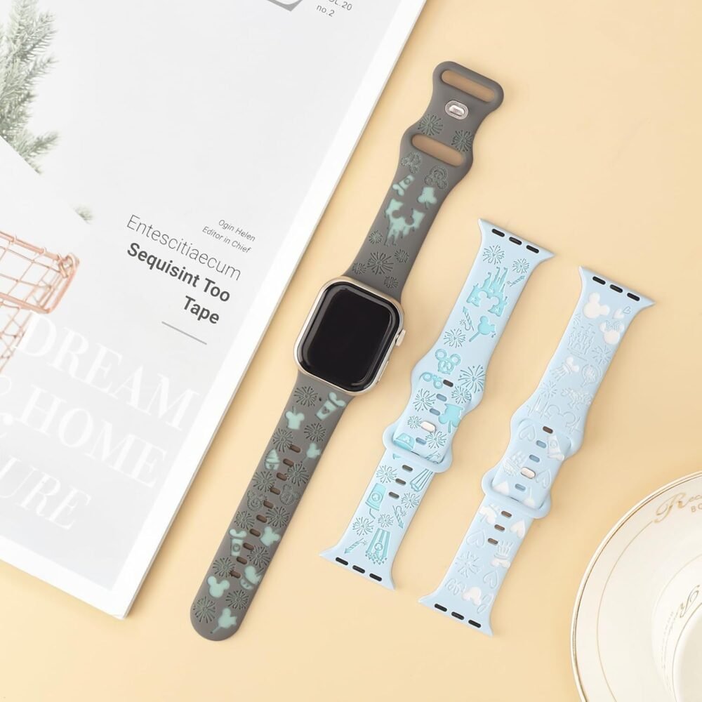 3 Pack Cartoon Engraved Bands for Apple Watch Band 38mm 40mm 41mm 42mm 44mm 45mm 49mm Women, Two-Tone Cute Soft Silicone Sport Strap for iWatch Series SE 9 8 7 6 5 4 3 2 1 Ultra - Image 6