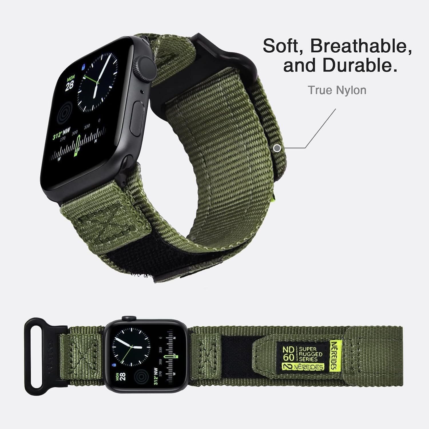 Compatible with Apple Watch Series 10 Band Series 9/8/7/6/5/4/SE/SE2/Ultra 1/2, Nylon Sports Strap with Woven Design for 49mm/46mm/45mm/44mm (L, Army Green) - Image 4