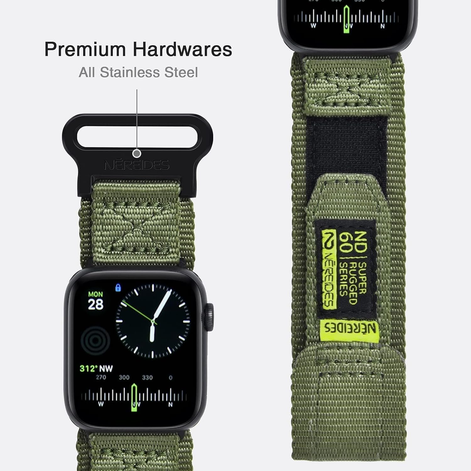 Compatible with Apple Watch Series 10 Band Series 9/8/7/6/5/4/SE/SE2/Ultra 1/2, Nylon Sports Strap with Woven Design for 49mm/46mm/45mm/44mm (L, Army Green) - Image 5
