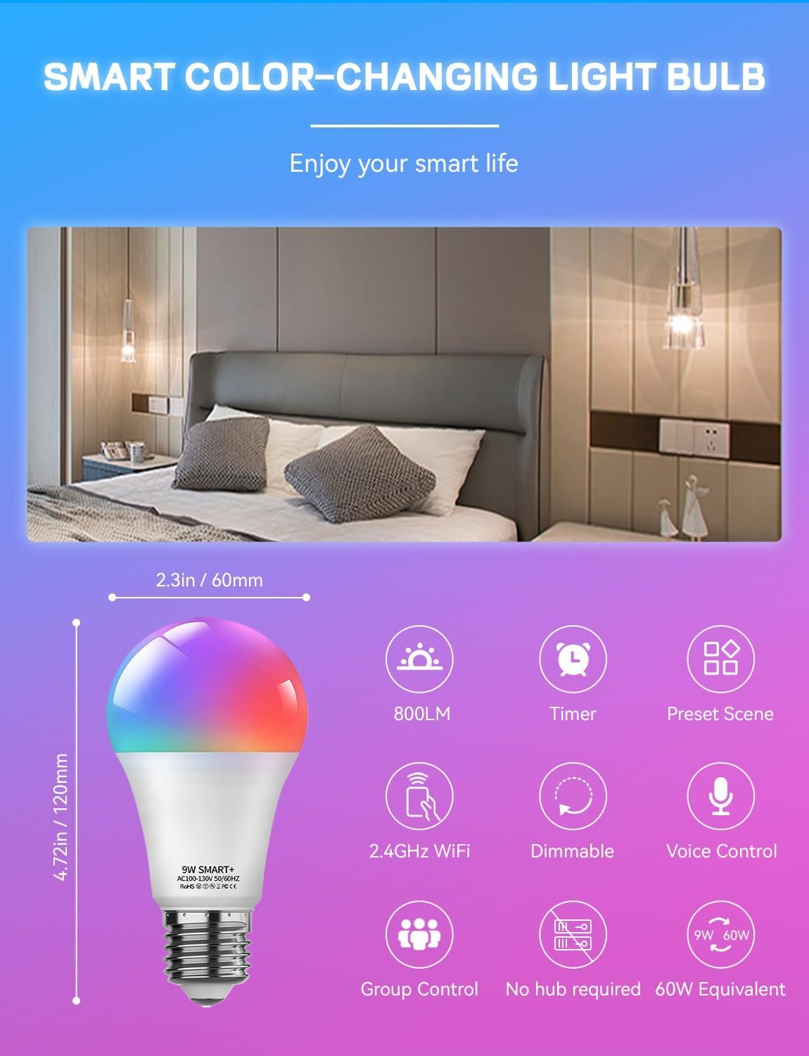 Smart Light Bulbs 4Pack with Remote, A19 E26 800LM LED Color Changing Light Bulb, WiFi & Bluetooth 5.0, Warm to Cool White, Dimmable, RGB Smart Home Lighting Work with Alexa Google Assistant - Image 8