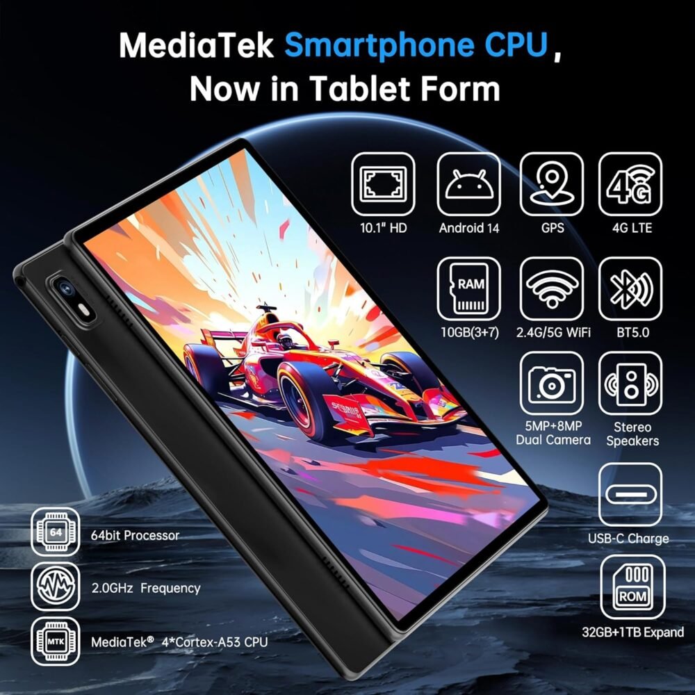 Android 14 Tablet with Sim Card Slot Unlocked Cellular Tablets 10GB+32GB with Protective Case 10 inch Tablet with GPS 2.0GHz Processor 8MP Camera and 1TB TF Expandable 2.4G/5G WiFi BT5.0 - Image 3
