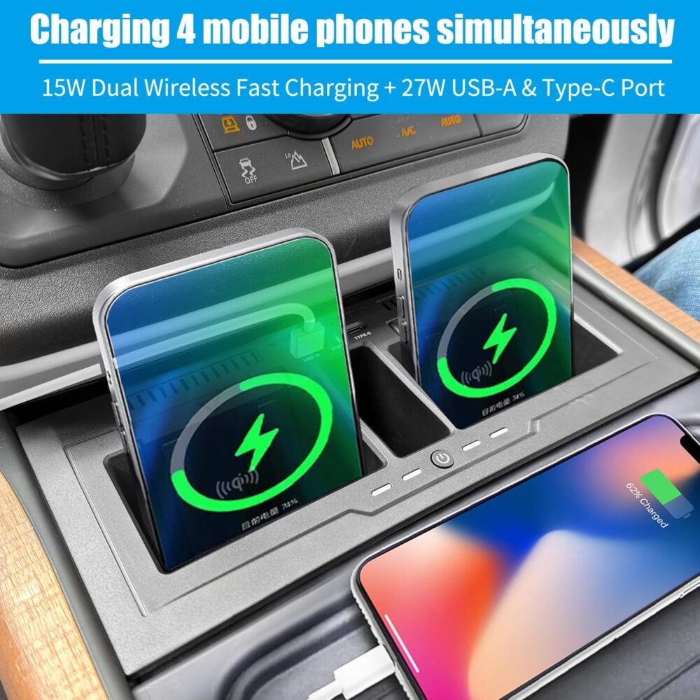 Dual Wireless Car Charger Compatible with 2020-2024 Land Rover Defender 90 110 130 15W Dual Wireless Fast Charging Smartphone Charger Tray with 27W USB & Type-C Center Console Accessories - Image 4