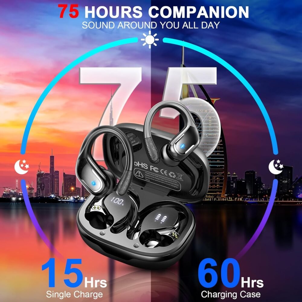 Wireless Earbud, 75Hrs Bluetooth 5.4 Headphones IP7 Waterproof for Sport, Running Wireless Earphones with ENC Noise Cancelling Mics, Deep Bass Over Ear bud with Earhooks for Android, iOS, Workout, Gym - Image 3