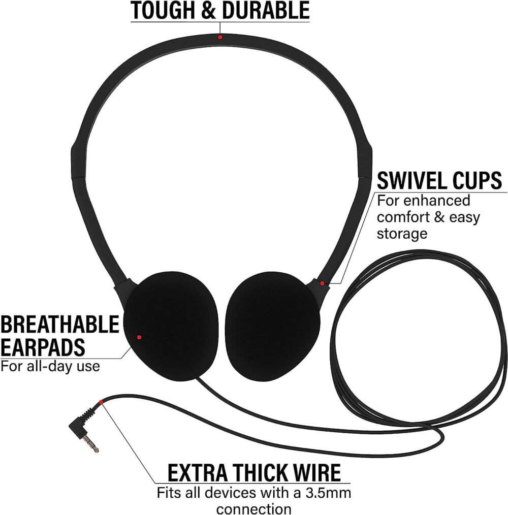 Maeline Bulk Classroom Student Headphones On Ear Stereo Headphones Flexible Adjustable Band for Kids Online Learning, Library, School, Airplane, Travel - 3.5mm Plug - 20 Pack - Multi - Image 4