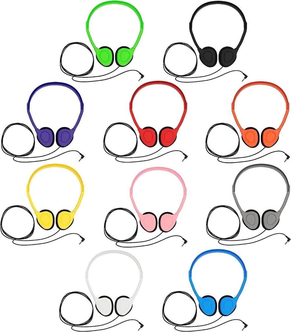 Maeline Bulk Classroom Student Headphones On Ear Stereo Headphones Flexible Adjustable Band for Kids Online Learning, Library, School, Airplane, Travel - 3.5mm Plug - 20 Pack - Multi - Image 5