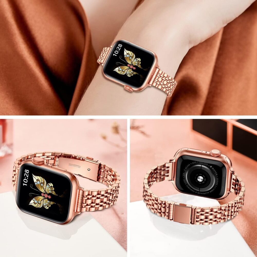 MioHHR Slim Metal Band Compatible with Apple Watch Band 49mm 46mm 45mm 44mm 42mm（Series 3/2/1）,Dressy Stainless Steel Chain Strap for Women iWatch Bands Series 10 9 8 7 6 5 4 SE Ultra 2 1,Rose Gold - Image 3