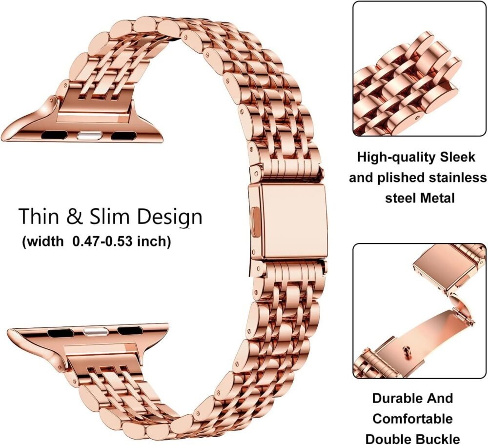 MioHHR Slim Metal Band Compatible with Apple Watch Band 49mm 46mm 45mm 44mm 42mm（Series 3/2/1）,Dressy Stainless Steel Chain Strap for Women iWatch Bands Series 10 9 8 7 6 5 4 SE Ultra 2 1,Rose Gold - Image 4