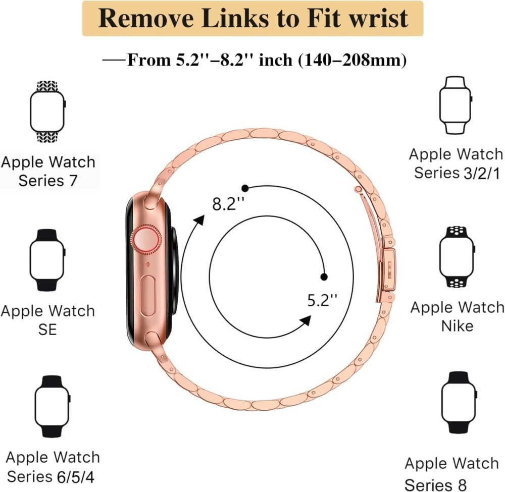 MioHHR Slim Metal Band Compatible with Apple Watch Band 49mm 46mm 45mm 44mm 42mm（Series 3/2/1）,Dressy Stainless Steel Chain Strap for Women iWatch Bands Series 10 9 8 7 6 5 4 SE Ultra 2 1,Rose Gold - Image 5