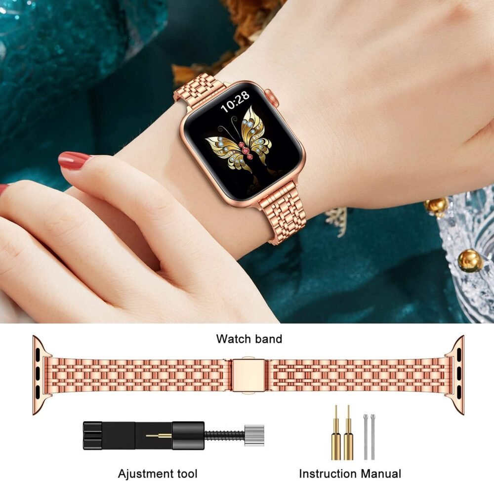 MioHHR Slim Metal Band Compatible with Apple Watch Band 49mm 46mm 45mm 44mm 42mm（Series 3/2/1）,Dressy Stainless Steel Chain Strap for Women iWatch Bands Series 10 9 8 7 6 5 4 SE Ultra 2 1,Rose Gold - Image 7