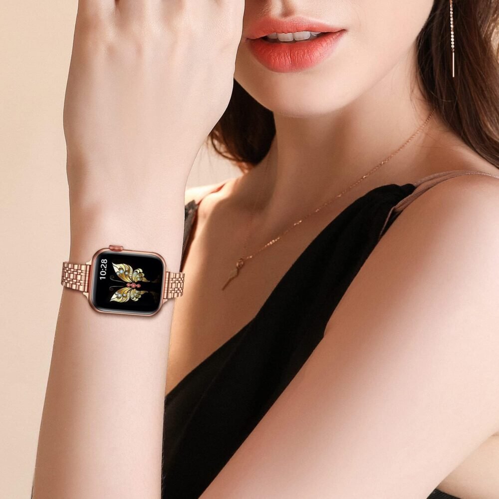 MioHHR Slim Metal Band Compatible with Apple Watch Band 49mm 46mm 45mm 44mm 42mm（Series 3/2/1）,Dressy Stainless Steel Chain Strap for Women iWatch Bands Series 10 9 8 7 6 5 4 SE Ultra 2 1,Rose Gold - Image 9