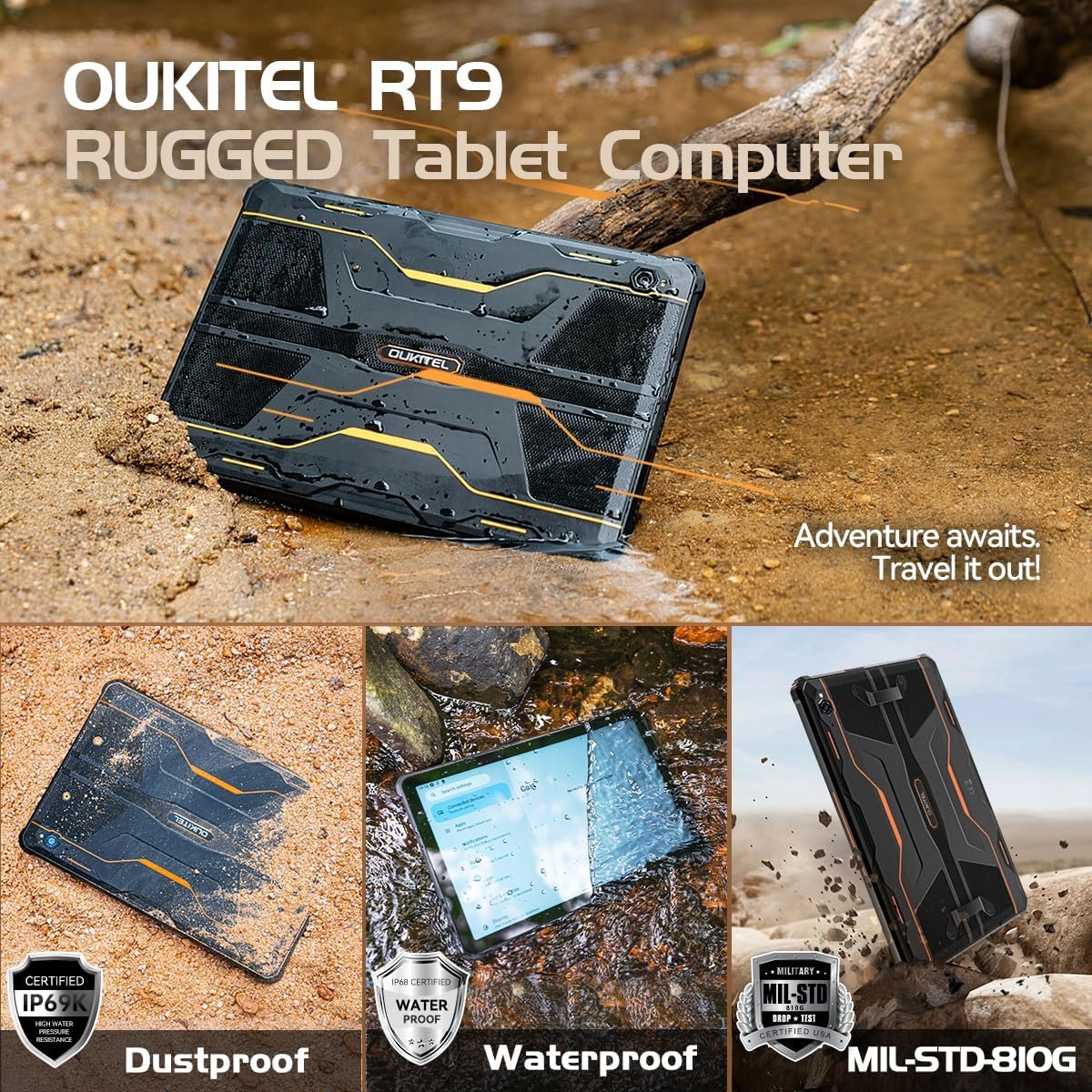 OUKITEL RT9 Rugged Tablet 10 inch Tablet Android - 24GB RAM 256GB ROM 1TB Expandable Storage, 11000mAh,16MP+16MP Camera, 4G Dual SIM Phablet Compatible with T-Mobile Tablet Computer Waterproof - Image 3