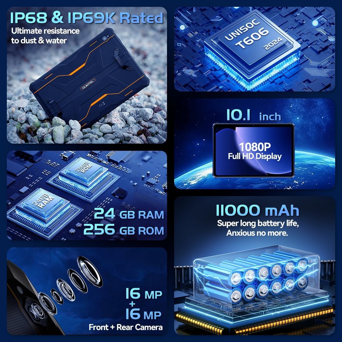 OUKITEL RT9 Rugged Tablet 10 inch Tablet Android - 24GB RAM 256GB ROM 1TB Expandable Storage, 11000mAh,16MP+16MP Camera, 4G Dual SIM Phablet Compatible with T-Mobile Tablet Computer Waterproof - Image 4
