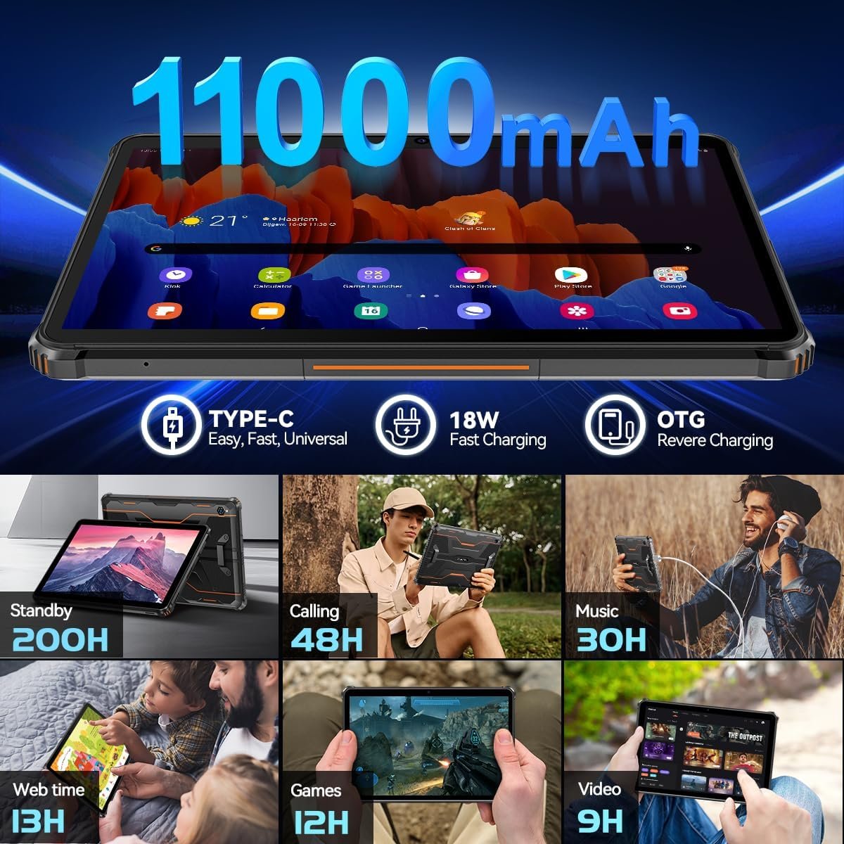 OUKITEL RT9 Rugged Tablet 10 inch Tablet Android - 24GB RAM 256GB ROM 1TB Expandable Storage, 11000mAh,16MP+16MP Camera, 4G Dual SIM Phablet Compatible with T-Mobile Tablet Computer Waterproof - Image 6