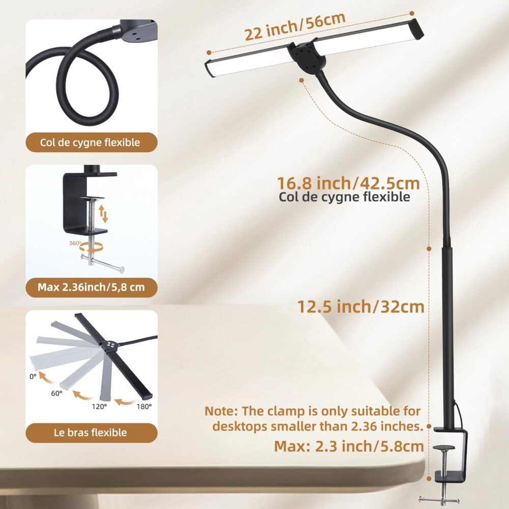 Led Desk Lamp for Home Office, Eye-Care Architect Light with Clamp, Smart Double Head Computer Monitor Table Clip Lamp, Adjustable Flexible Gooseneck, 25 Lighting Models, Task Lamp, Black - Image 3