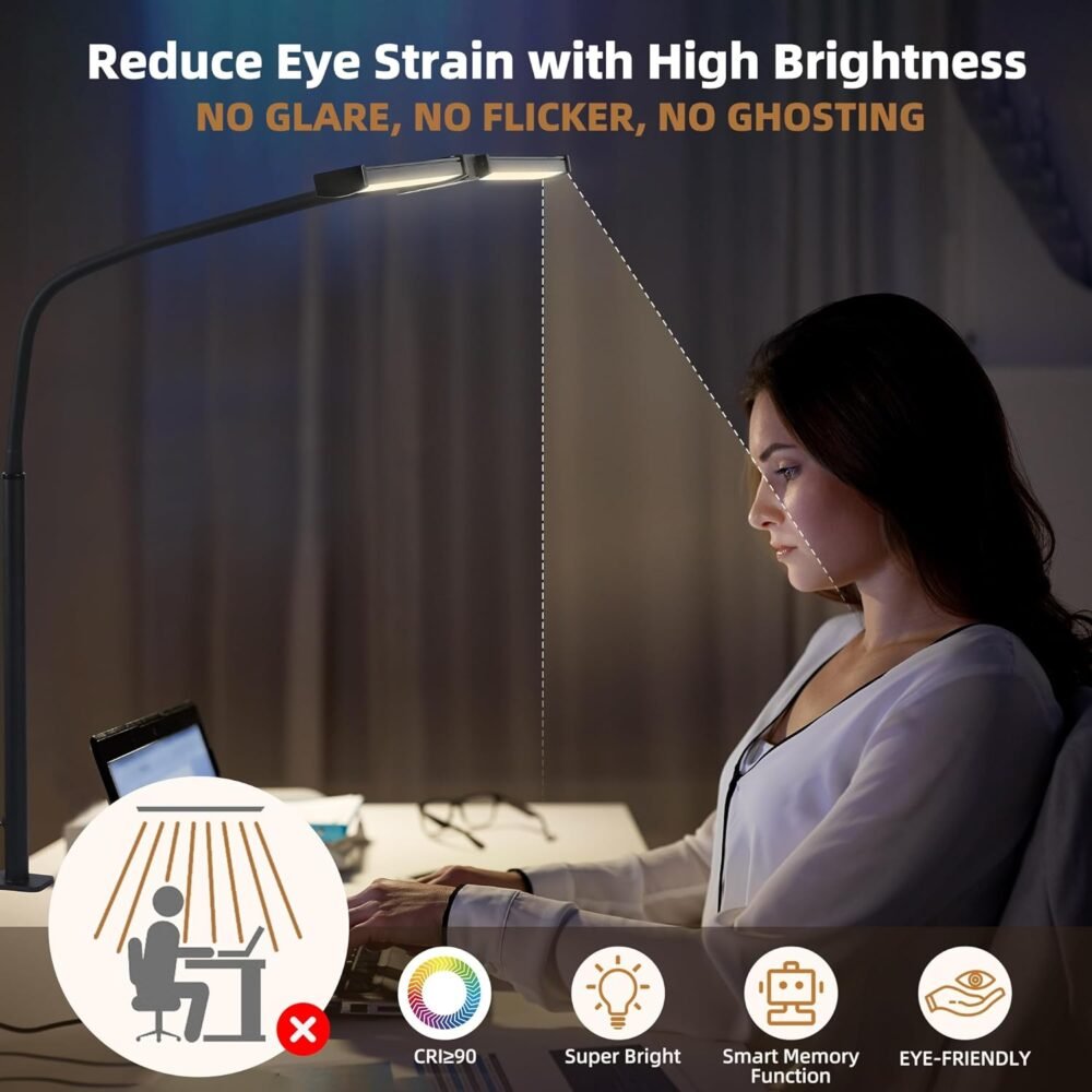 Led Desk Lamp for Home Office, Eye-Care Architect Light with Clamp, Smart Double Head Computer Monitor Table Clip Lamp, Adjustable Flexible Gooseneck, 25 Lighting Models, Task Lamp, Black - Image 5