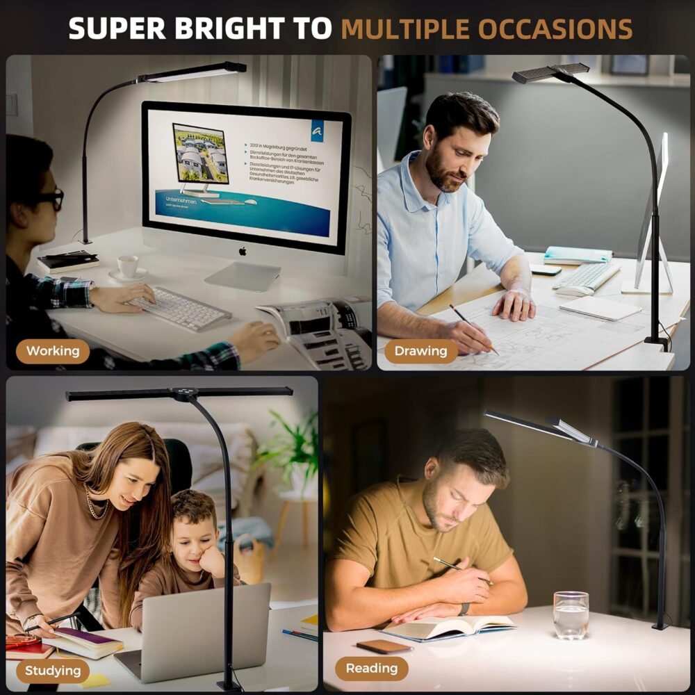 Led Desk Lamp for Home Office, Eye-Care Architect Light with Clamp, Smart Double Head Computer Monitor Table Clip Lamp, Adjustable Flexible Gooseneck, 25 Lighting Models, Task Lamp, Black - Image 7