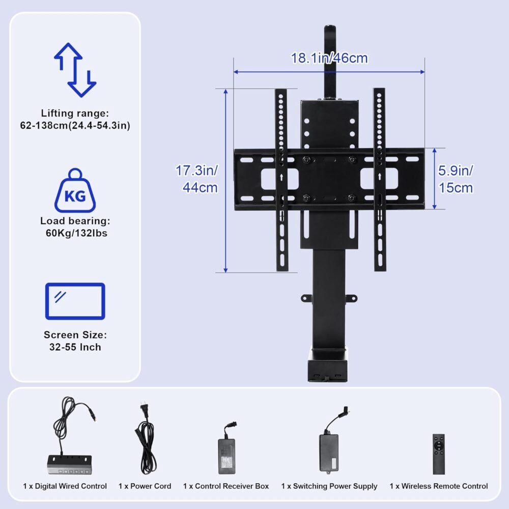 Fromann Motorized TV Lift Mount for 32-55 Inch with Remote Control Stroke Length 29.9 Inches Height Adjustable 24.4-54.3 Inch,Load Capacity 132Lbs - Image 3