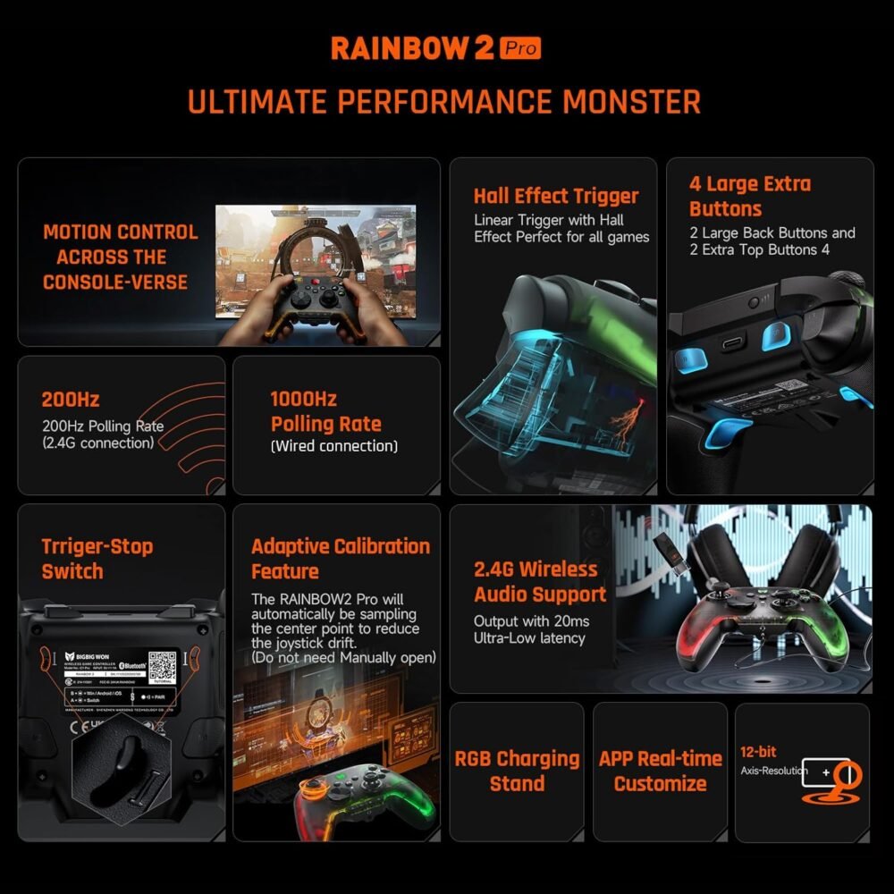 PC Controller, BIGBIG WON Wireless Controller Motion Control, Hall Trigger, ALPS Joystick, 3.5mm Audio, Gaming Controller for PC Windows/Android/iOS/Switch Pro Controller (Rainbow 2 Pro&Charging Dock) - Image 3