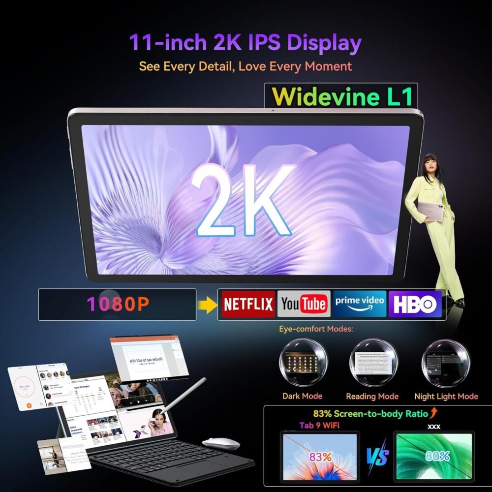 Blackview Tablet 2025, 11 inch Android Tablet with 18GB+256GB Storage(Expand to 2TB), Tab 9 WiFI Android 14 Tablets with 2.4K FHD Display, Widevine L1, 8200mAh, 5G WiFi, 13MP+8MP/Face ID/PC Mode, Blue - Image 3