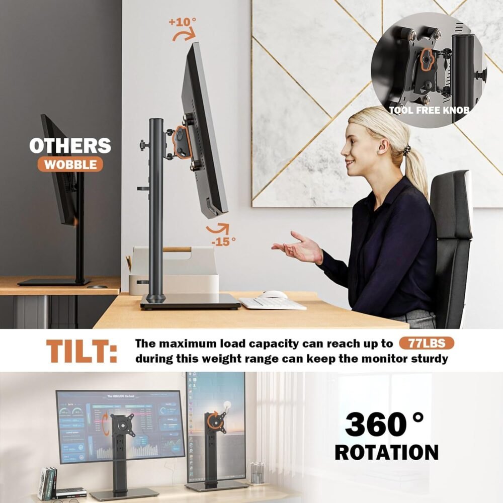 Single LCD Computer Monitor Free-Standing Desk Stand Mount Riser for 13 inch to 32 inch screen with Swivel, Height Adjustable, Rotation, Vesa Base Stand Holds One (1) Screen up to 77Lbs(HT05B-001)) - Image 6