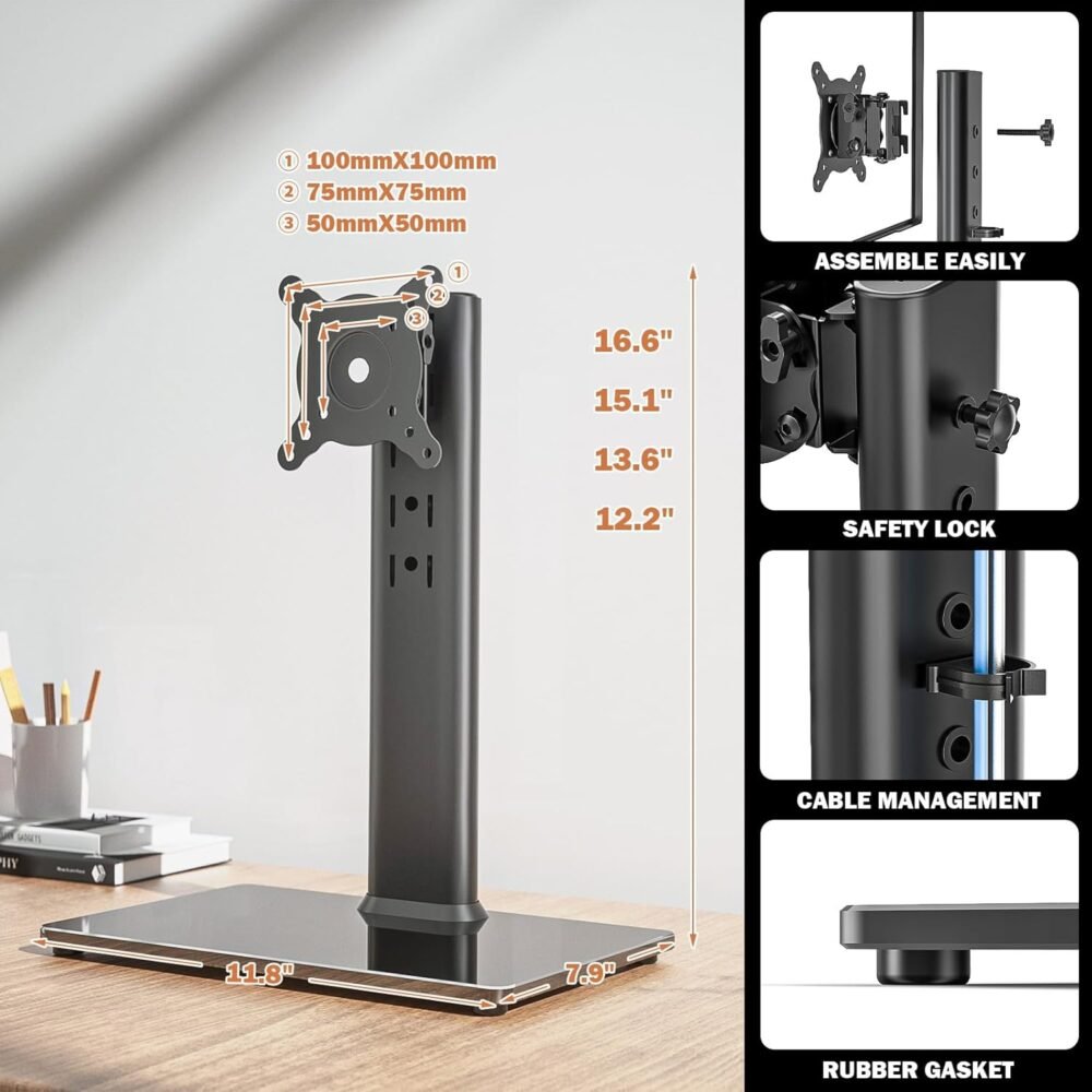 Single LCD Computer Monitor Free-Standing Desk Stand Mount Riser for 13 inch to 32 inch screen with Swivel, Height Adjustable, Rotation, Vesa Base Stand Holds One (1) Screen up to 77Lbs(HT05B-001)) - Image 7