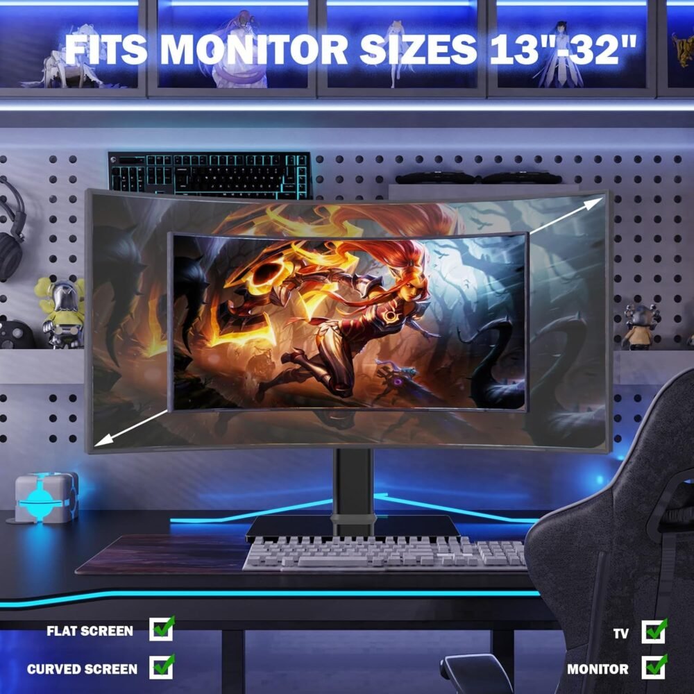 Single LCD Computer Monitor Free-Standing Desk Stand Mount Riser for 13 inch to 32 inch screen with Swivel, Height Adjustable, Rotation, Vesa Base Stand Holds One (1) Screen up to 77Lbs(HT05B-001)) - Image 8