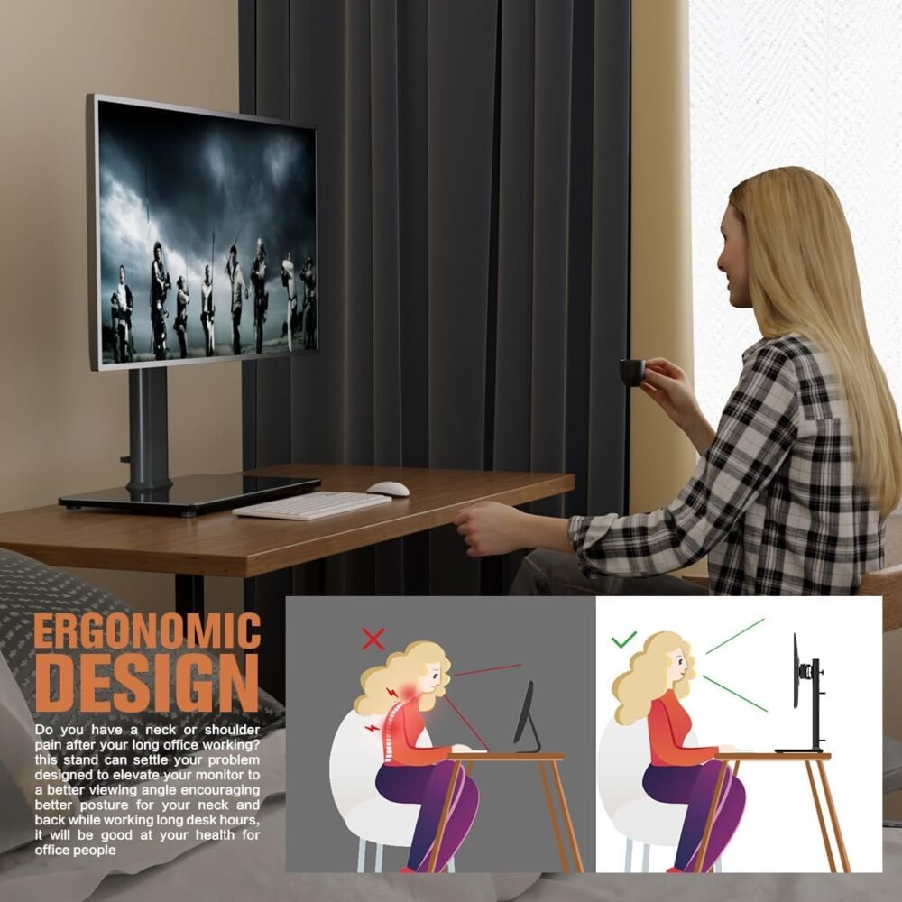 Single LCD Computer Monitor Free-Standing Desk Stand Mount Riser for 13 inch to 32 inch screen with Swivel, Height Adjustable, Rotation, Vesa Base Stand Holds One (1) Screen up to 77Lbs(HT05B-001)) - Image 9