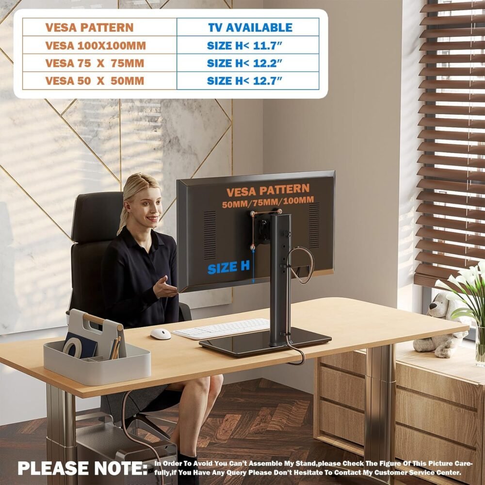 Single LCD Computer Monitor Free-Standing Desk Stand Mount Riser for 13 inch to 32 inch screen with Swivel, Height Adjustable, Rotation, Vesa Base Stand Holds One (1) Screen up to 77Lbs(HT05B-001)) - Image 10
