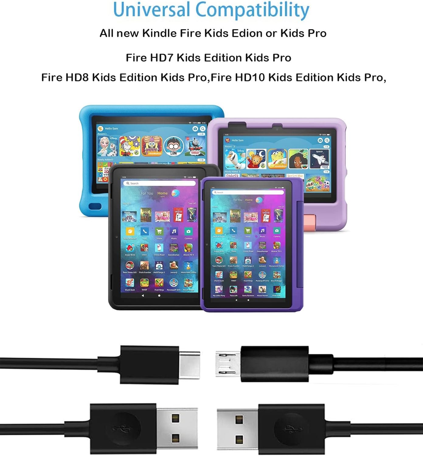 Kids Tablet Charger with 6.6Ft Micro and Type C Cord Compatible for Fire HD 7 8 10 Kids Edition,Kids Pro and Kindle Kids Edition(2014-2024) - Image 4