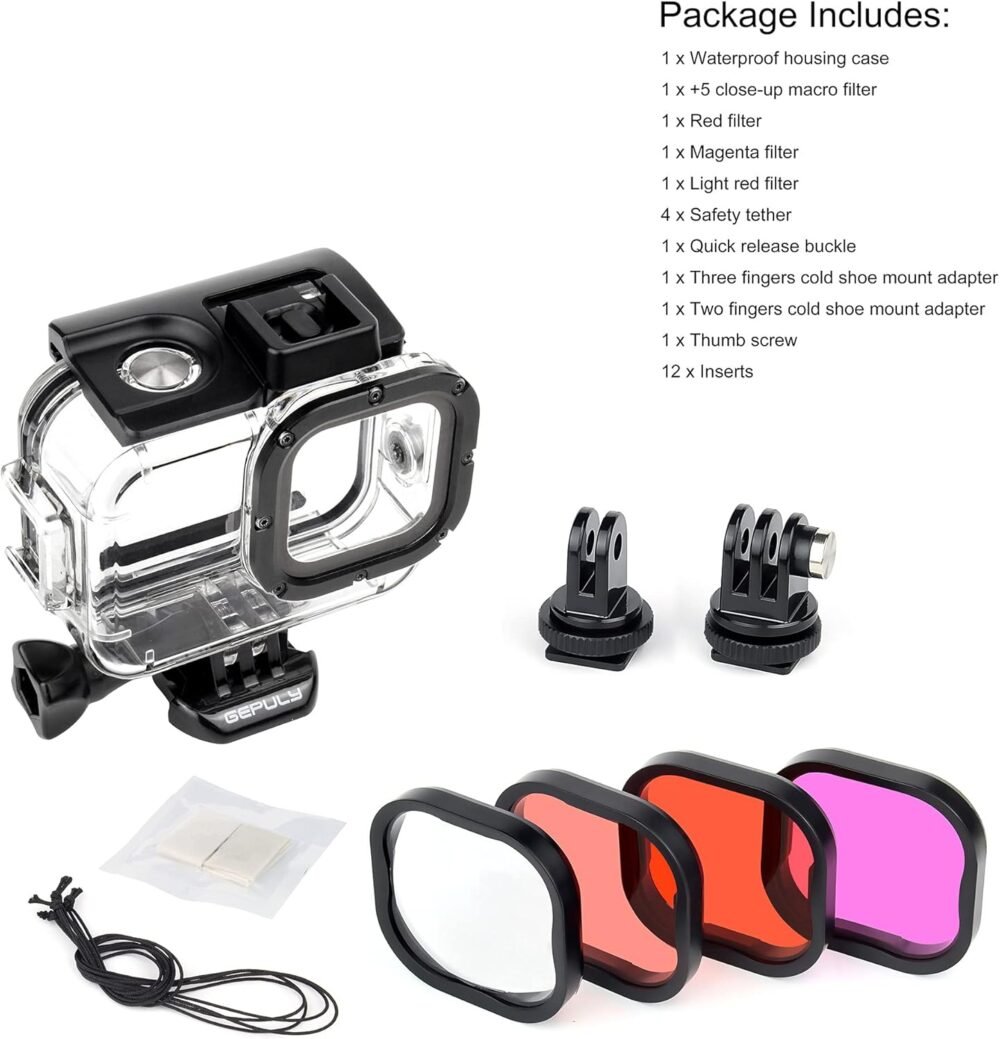 Waterproof Case with Dive Filters for GoPro Hero 13 12 11 10 9 Black, 60M Underwater Protective Dive Housing Case with Red, Snorkel, Magenta, 5X Close-up Macro Filters - Image 9