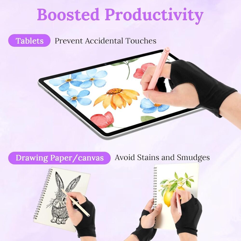 Digital Drawing Glove Palm Rejection Artist Art Glove Right Left Hand 2-Fingers Glove Black Graphic Tablet Glove for Paper Sketching Smudge Guard Stylus Pen Pencil Painting - Image 7