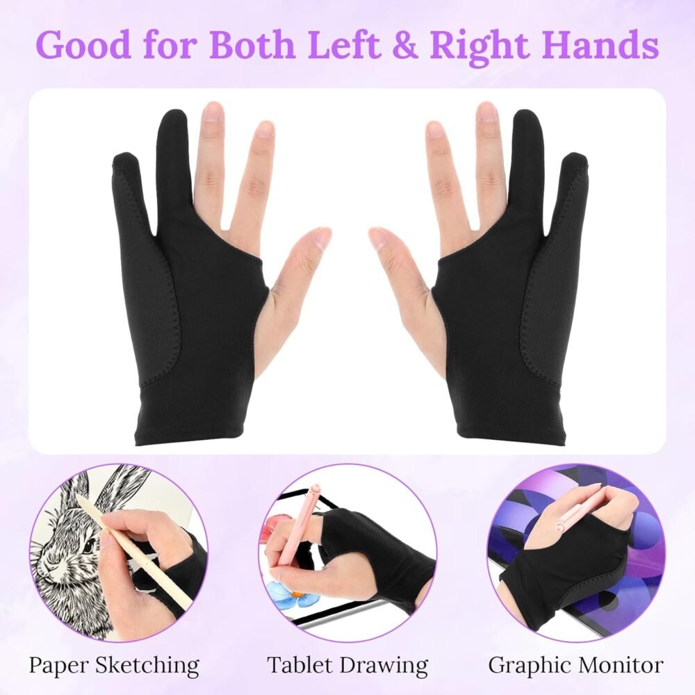 Digital Drawing Glove Palm Rejection Artist Art Glove Right Left Hand 2-Fingers Glove Black Graphic Tablet Glove for Paper Sketching Smudge Guard Stylus Pen Pencil Painting - Image 8