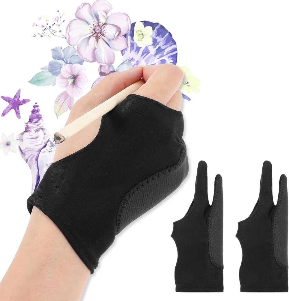 Digital Drawing Glove Palm Rejection Artist Art Glove Right Left Hand 2-Fingers Glove Black Graphic Tablet Glove for Paper Sketching Smudge Guard Stylus Pen Pencil Painting - Image 9
