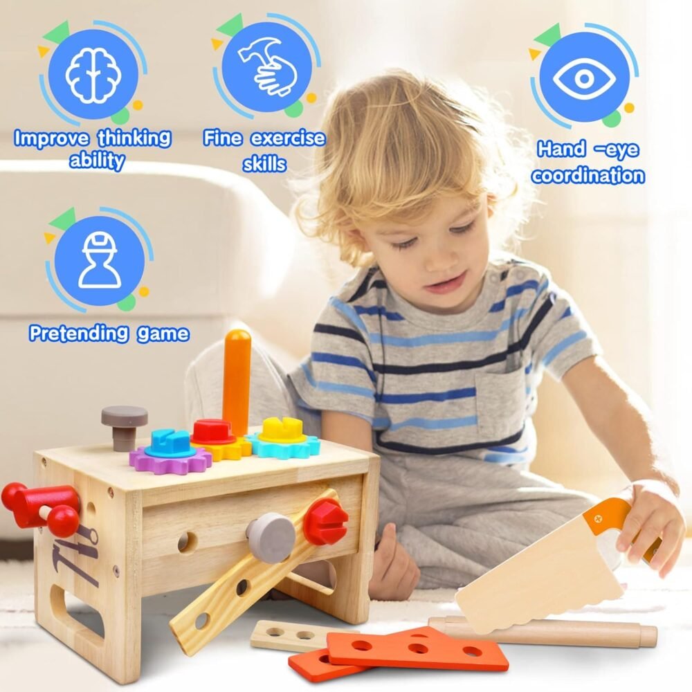 Kids Tool Set - 29 PCS Wooden Toddler Tool with Box, Montessori STEM Educational Pretend Play Construction Toy for 2 3 4 5 6 Year Old Boys Girls, Best Birthday Gift - Image 3